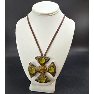 Handmade Brown Montrose Cross Pendant Necklace With Green Glass Accents HS190